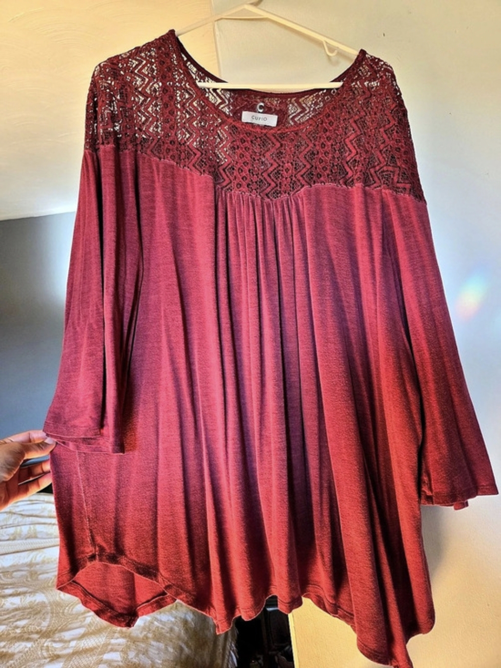 Cupio Lace Yoke Hankerchief Top in Red Size 2X